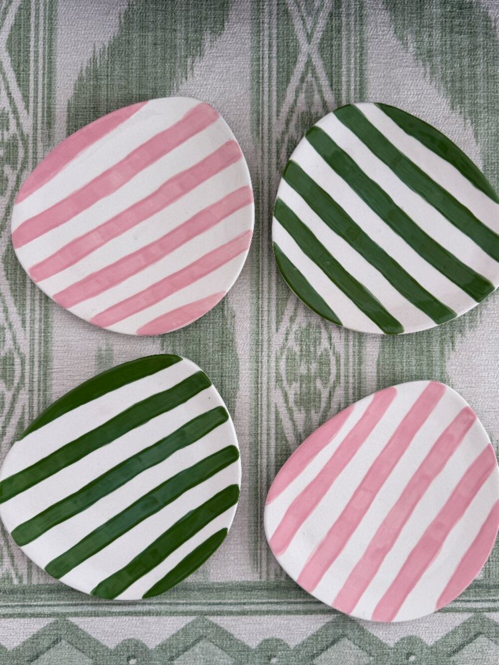 Set of 4 Green Pink Striped Asymmetrical Ceramic Plates